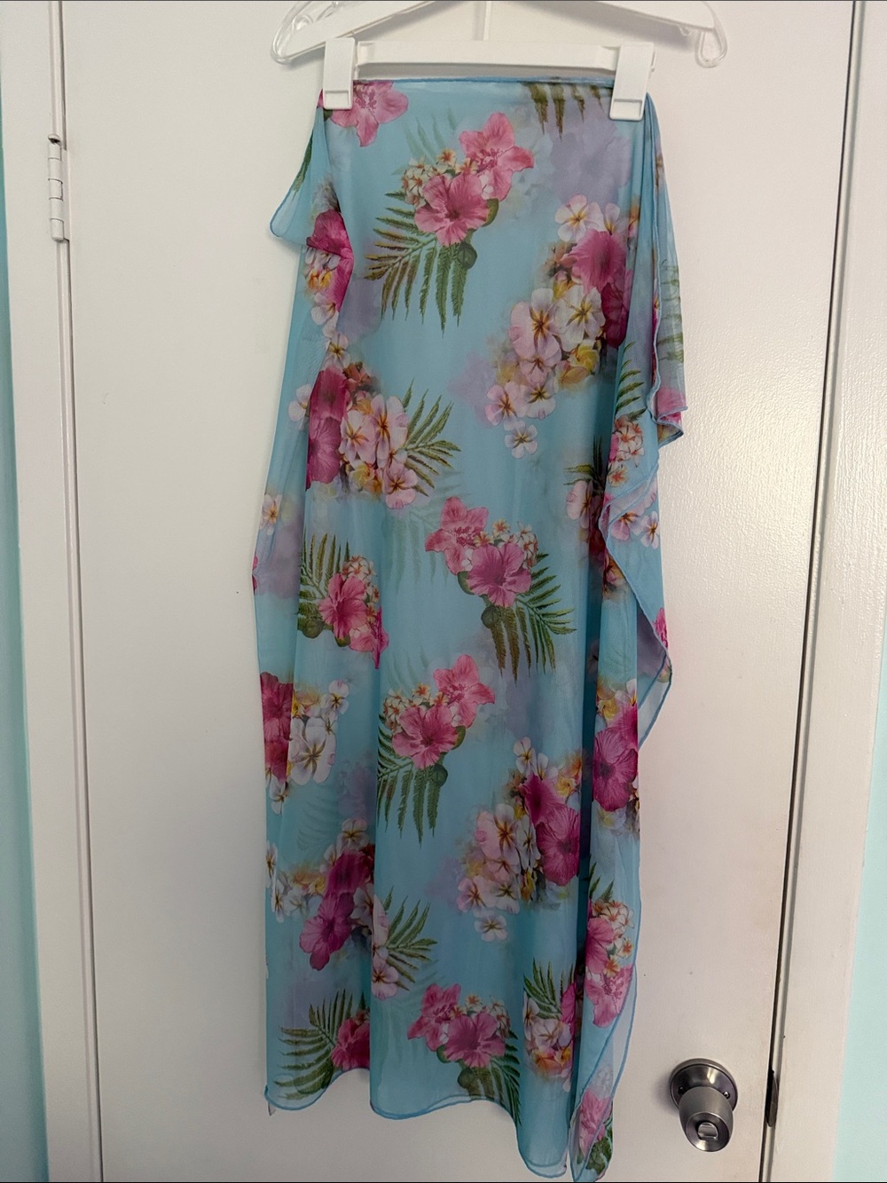 Athena Blue Floral Swim Sarong with Pink & White Blooms